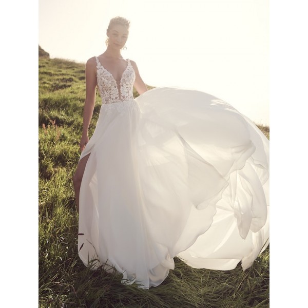 Rebecca Ingram Bridal | Tierney | Deep V-neck chiffon wedding dress with sexy details