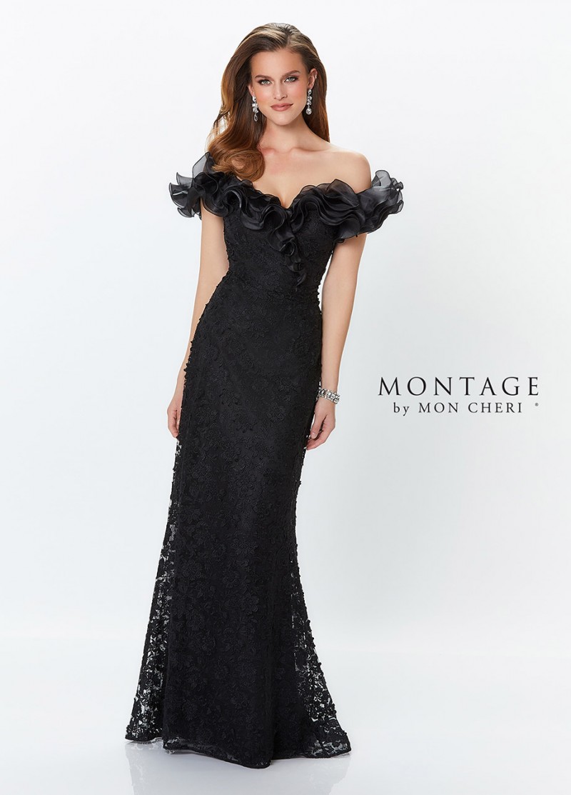 Montage by Mon Cheri Style 119931 | Off-the-shoulder allover Venice lace fit and flare gown