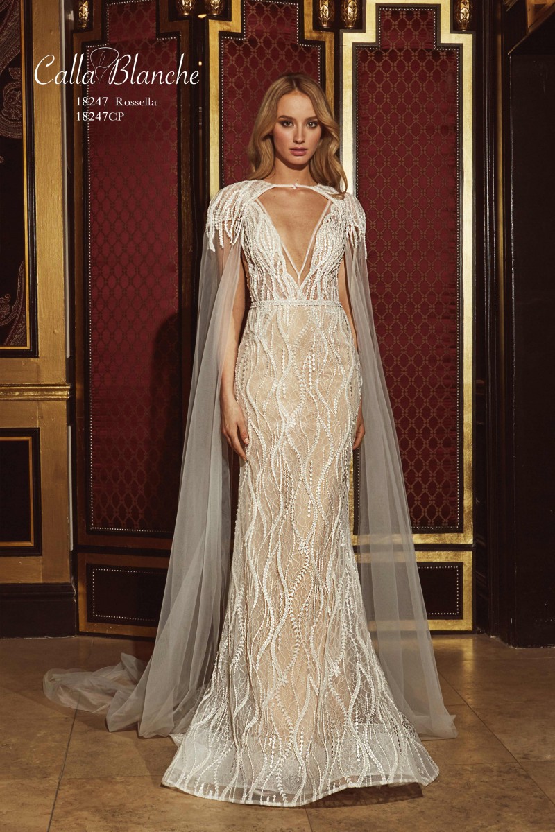 Calla Blanche Bridal  Style 18247 Rossella | Deep V Sheer Bodice Wedding Dress
