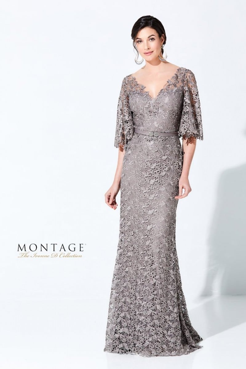 Ivonne D by Mon Cheri Style 220D29 | Three quarter sleeve Guipure lace sheath gown