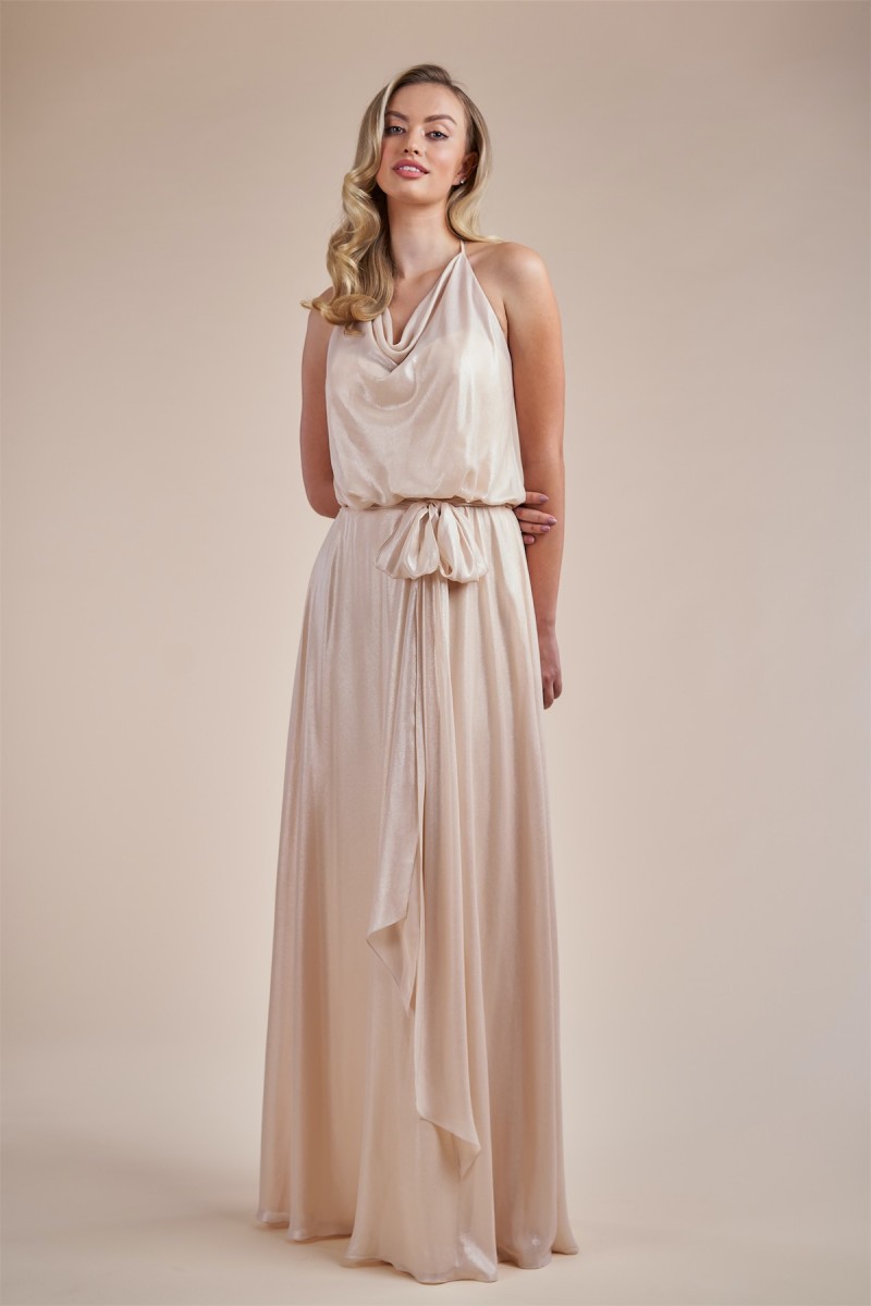 Belsoie by Jasmine Style 224052 | A line Metallic Chiffon Bridesmaid Dress | Cowl Halter Top | Elastic Waistband