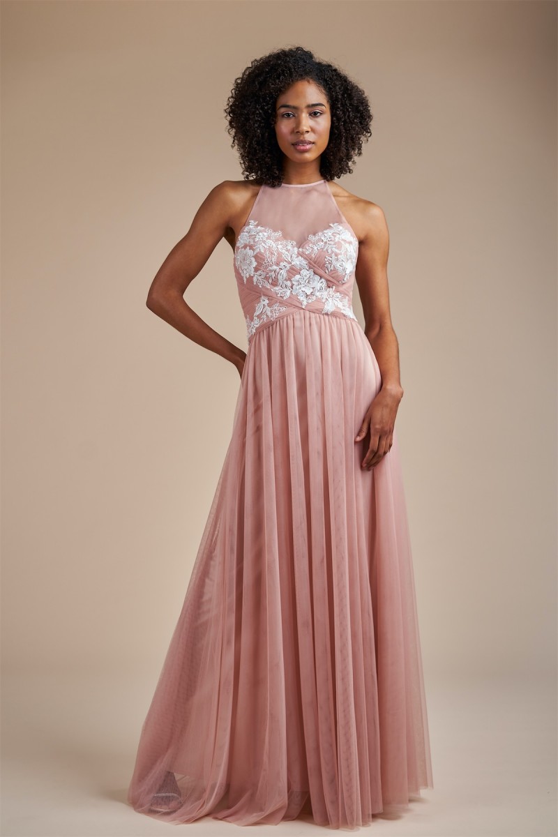Belsoie by Jasmine Style 224057 | Soft Tulle Halter Top | Lace Appliqués | Empire Waist