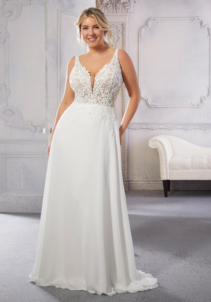 Julietta Plus Size Bridal by Morilee Caroline Style 3331 |  Pearl & Crystal Beaded Embroidery | Sheer Net Bodice | Wedding Dress