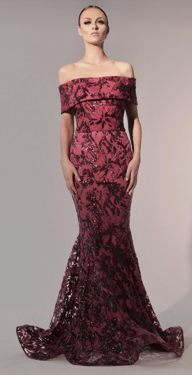 Nicole Bakti 6759 | Off Shoulder Sequin & Lace Gown