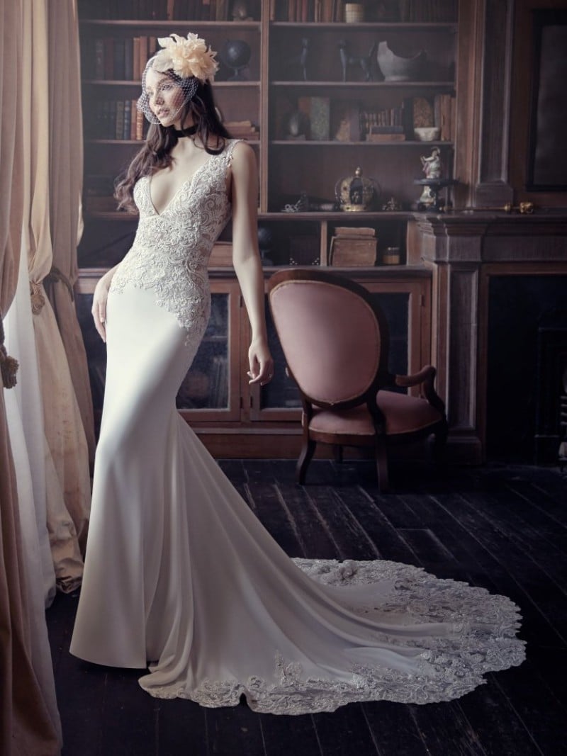 Maggie Sottero Aidan Style 9MW858 | Sexy sheath wedding dress in modern lace motifs and formfitting crepe