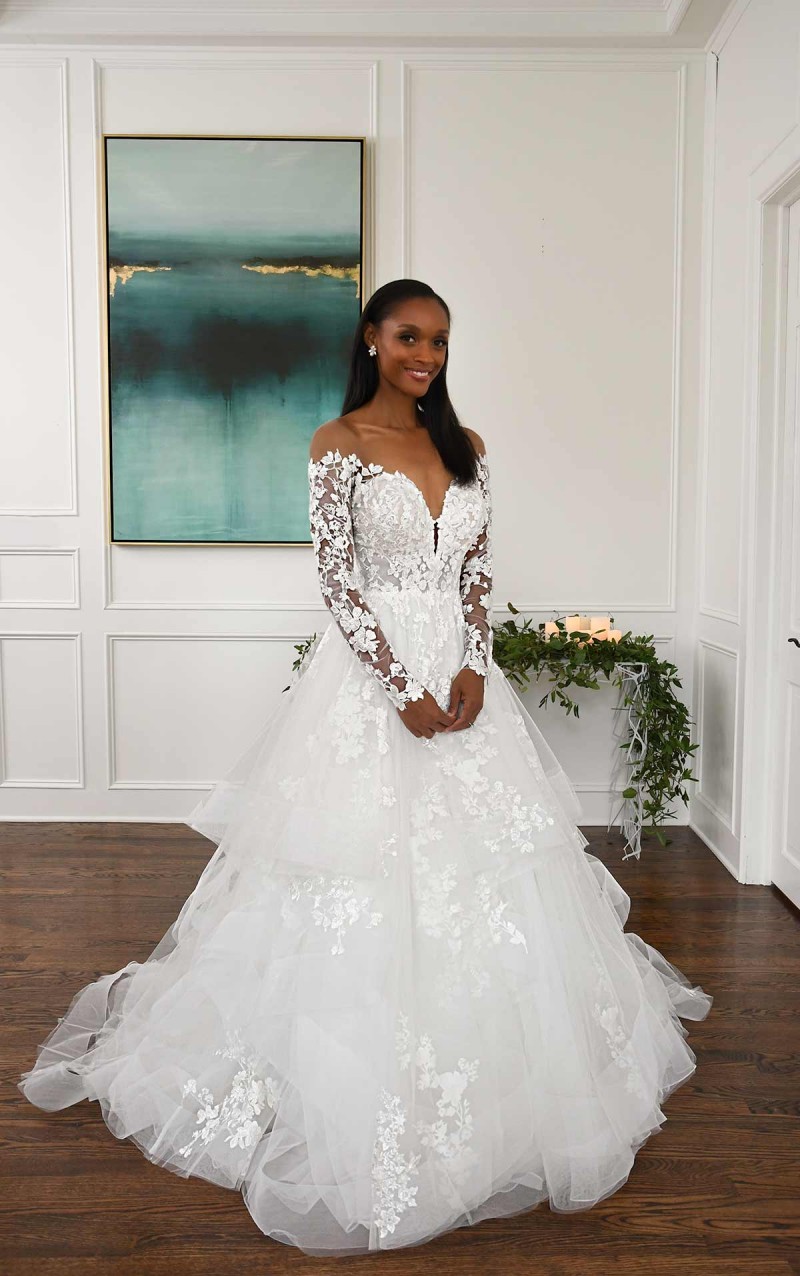 Essense of Australia | Style D3274 | Off Shoulder Lace Ball Gown | Tiered Skirt