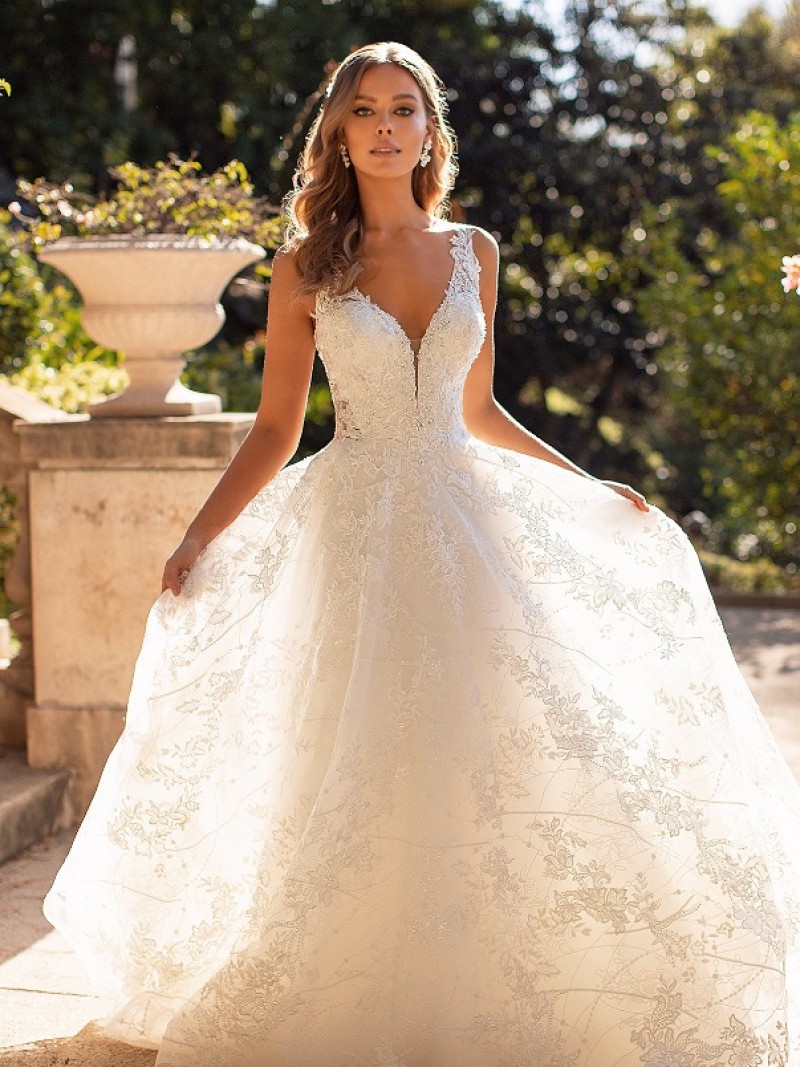 Moonlight Bridal | D8247 | Bouquet Shimmer Tulle | Full A-line | Embroidered Lace Appliques with Beading