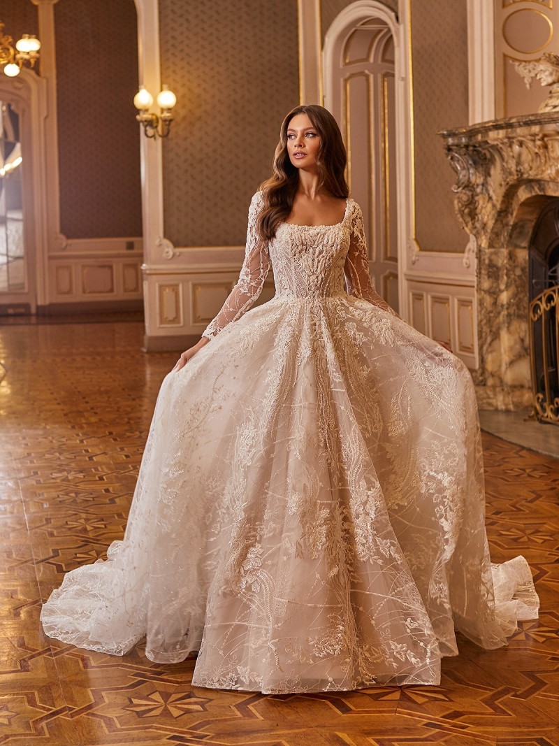 Val Stefani by Moonlight Bridal | D8275 Floria |  Bouquet Shimmer Netting | Square Neck Ball Gown | Embroidered Lace Appliques | Long Illusion Sleeves