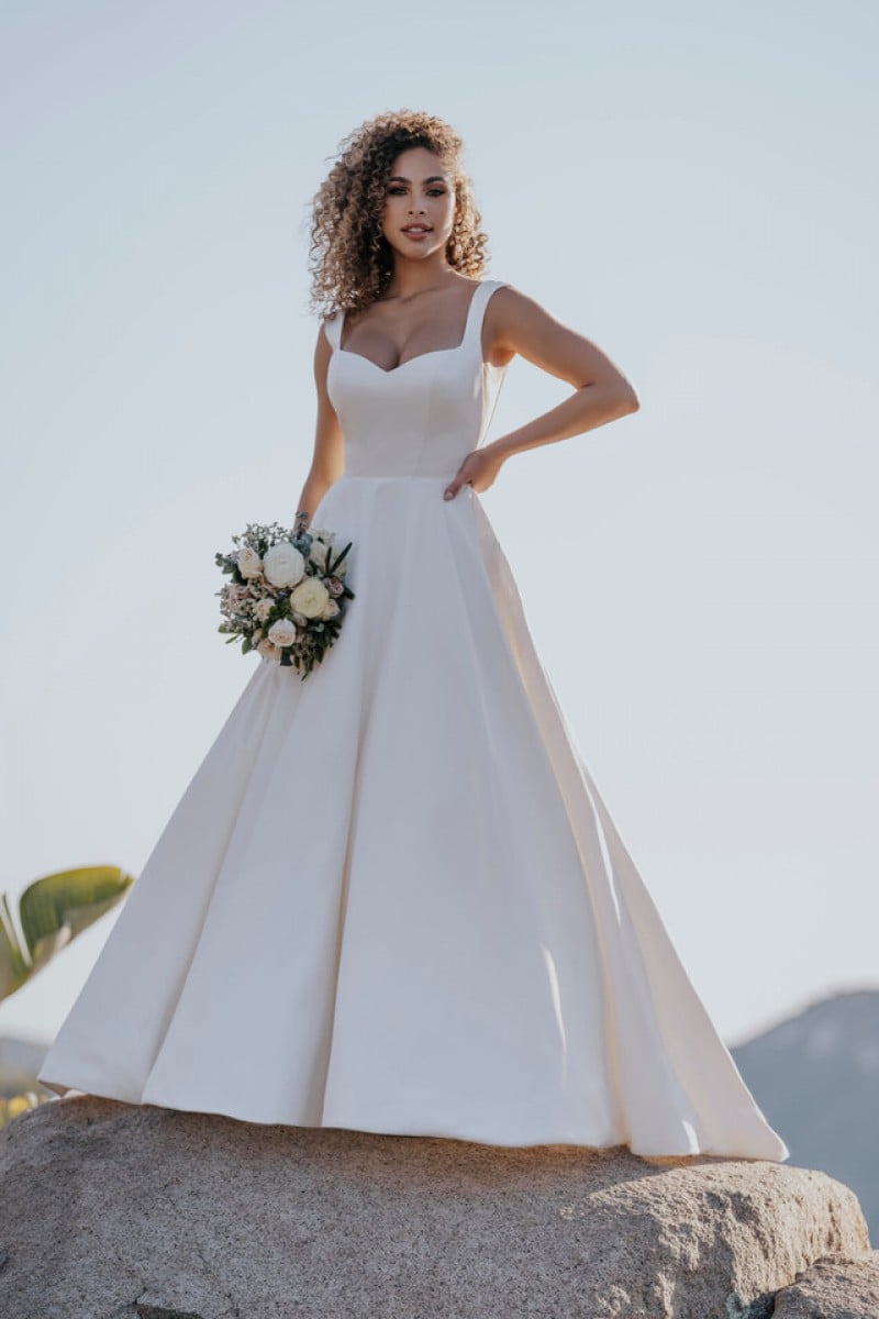 Allure Bridal 1155 | Simple yet striking, this dove satin ballgown will turn every head.