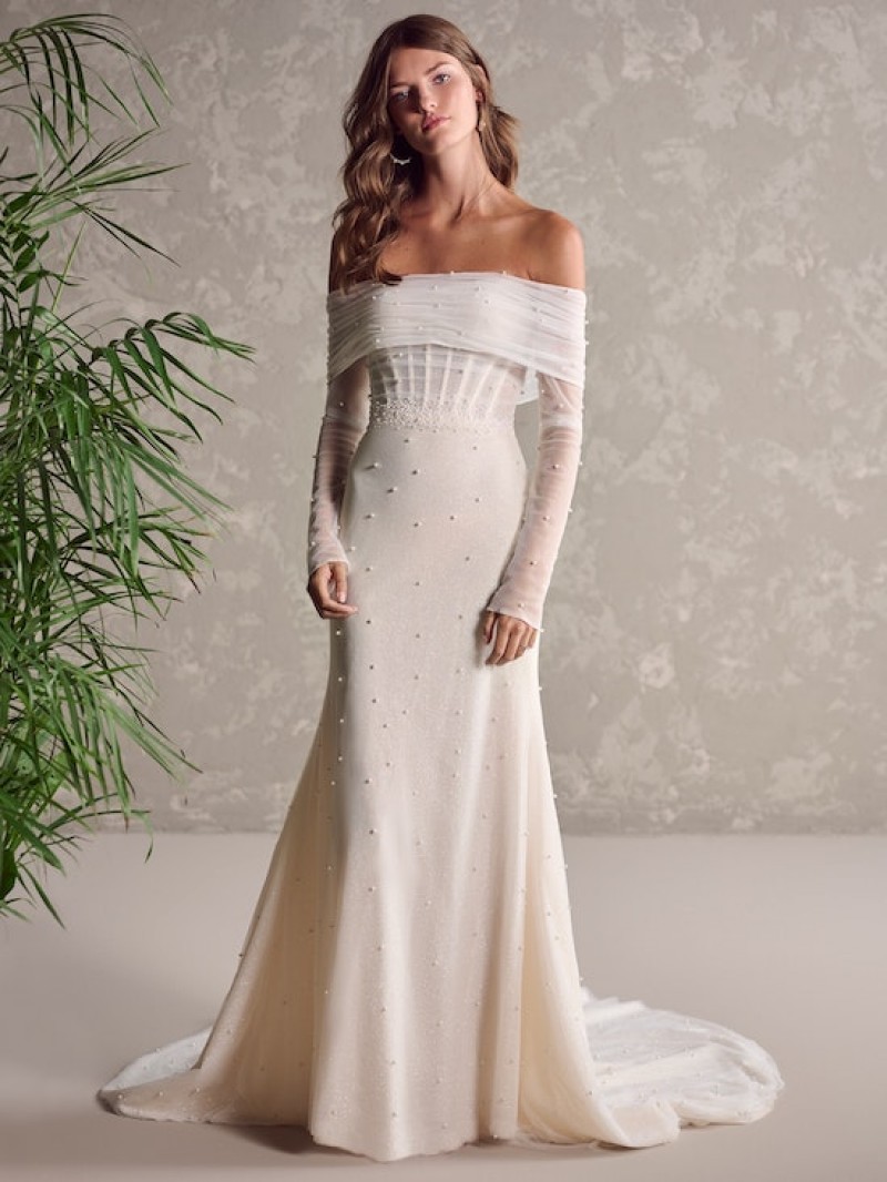 Maggie Sottero Bridal | Drew Marie | 23MB724 | Fit-And-Flare Pearl Bridal Gown With Illusion Corsetry And Vintage-Inspired Buttons