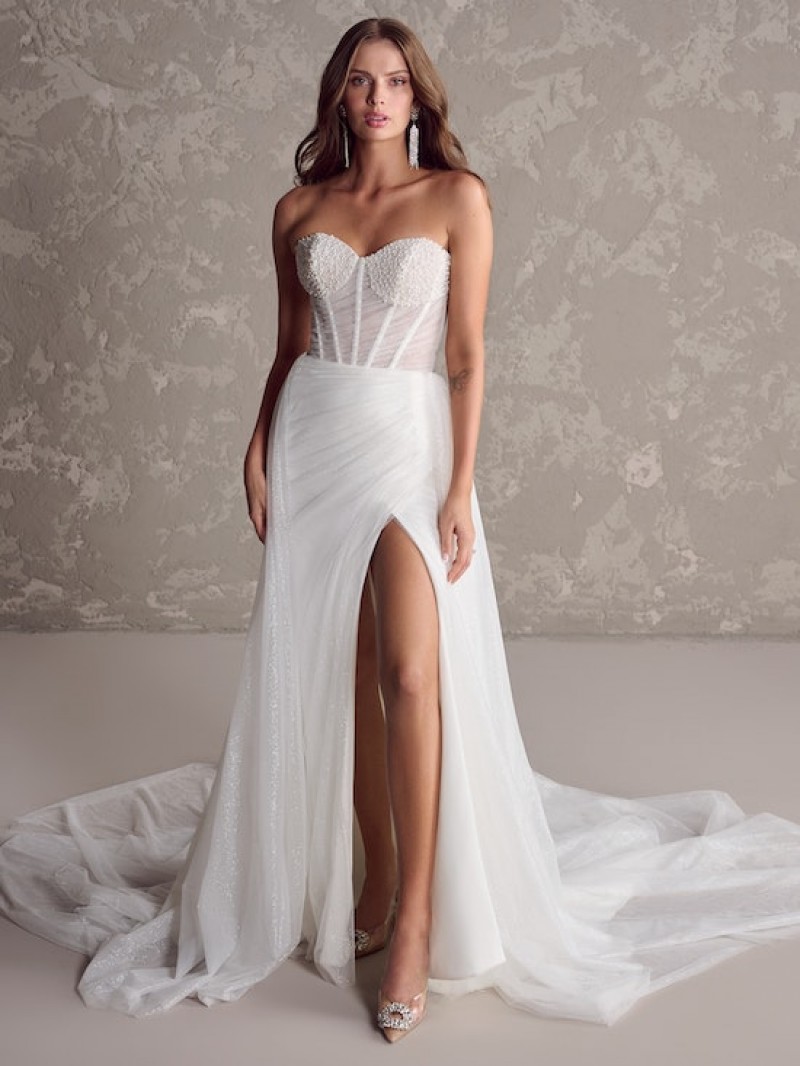 Maggie Sottero Bridal | Cho | 24MB243 | Fit-And-Flare Pearlcore Corset Wedding Dress With Thigh-High Slit And Illusion Bodice