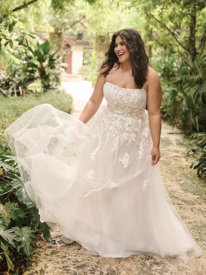 Maggie Sottero Bridal | Avalon | 24MS200 | Romantic Floral A-Line Wedding Dress With A Sheer Organza Lined Bodice And Bow Belt