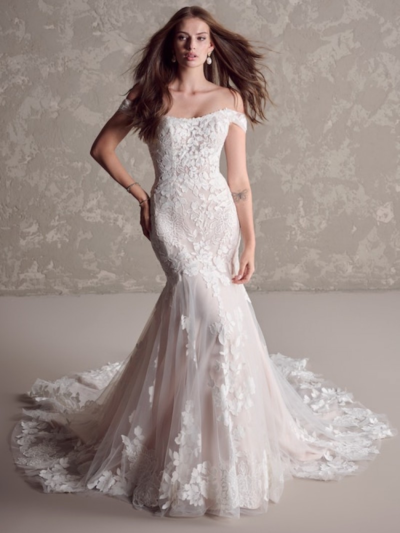 Maggie Sottero Bridal | Cambria | 24MS242 | Comfortable Floral Mermaid Bridal Gown With Scoop Neckline And Sexy Cap-Sleeves