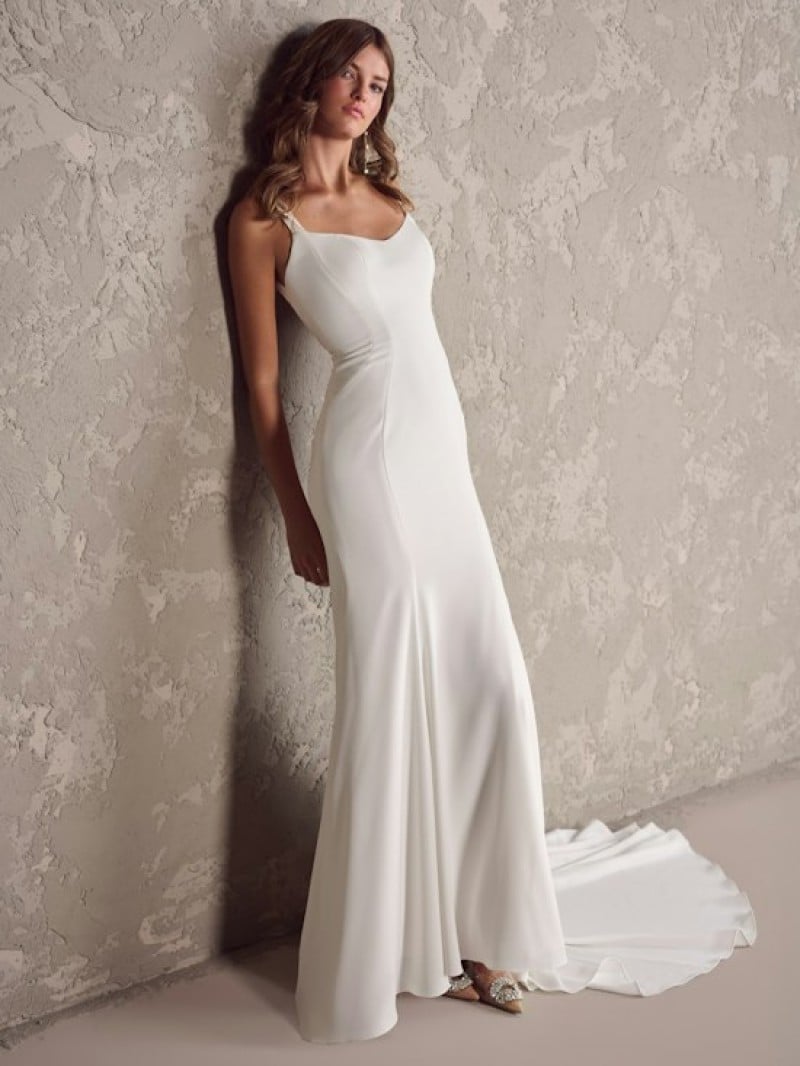 Maggie Sottero Bridal | Napa | 24MS259 | Simple Crepe Bridal Gown With Plunging V-Back, Tank Straps, And A Scoop Neckline