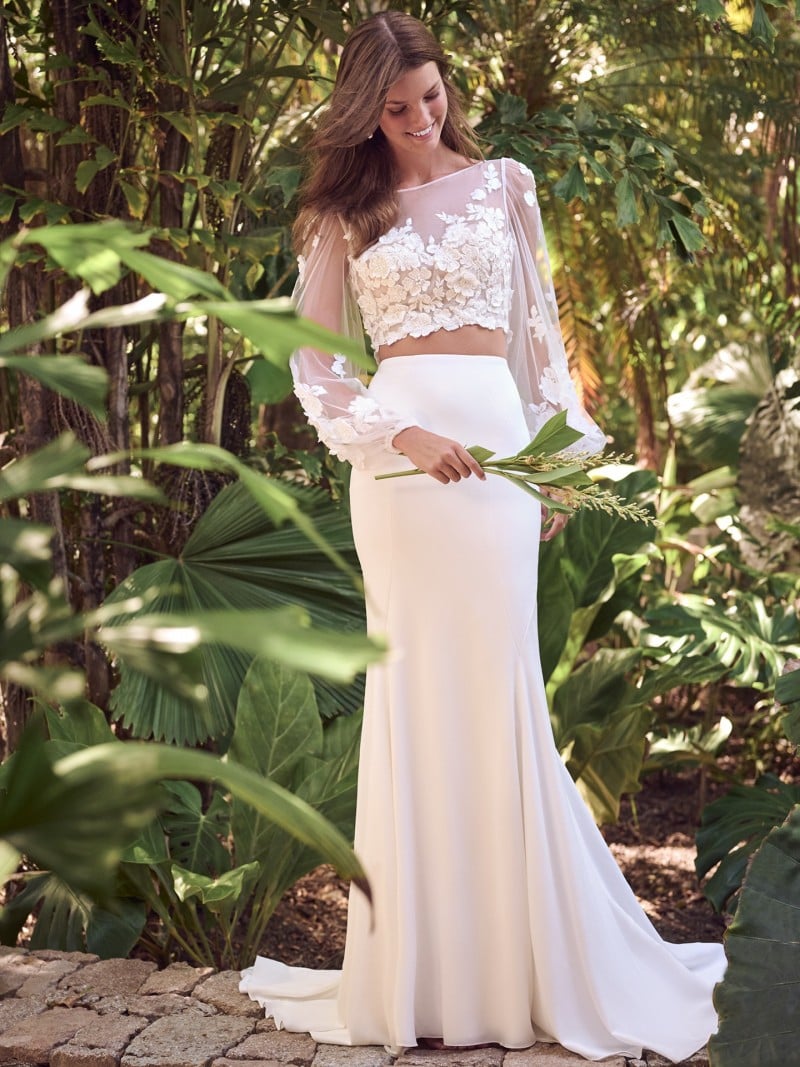 Maggie Sottero Bridal | Ariana | 24MW248 | Crepe And Lace Two-Piece Bohemian Wedding Gown With Illusion Bodice And Keyhole Back