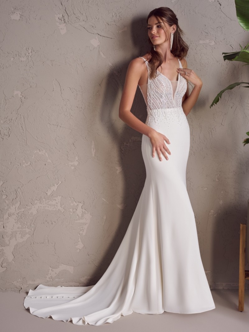 Rebecca Ingram Bridal | Jenrose | 24RS196 | Fit-&-Flare Sexy Beaded Crepe Bridal Gown