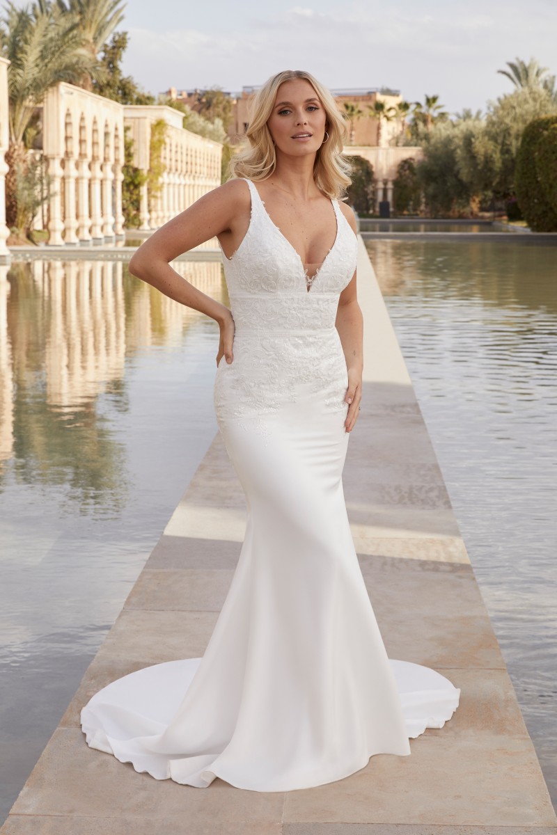 Sincerity Bridal Style 44420 | Crepe fit and flare with plunging V-neckline, modest V-back, and inset waistband