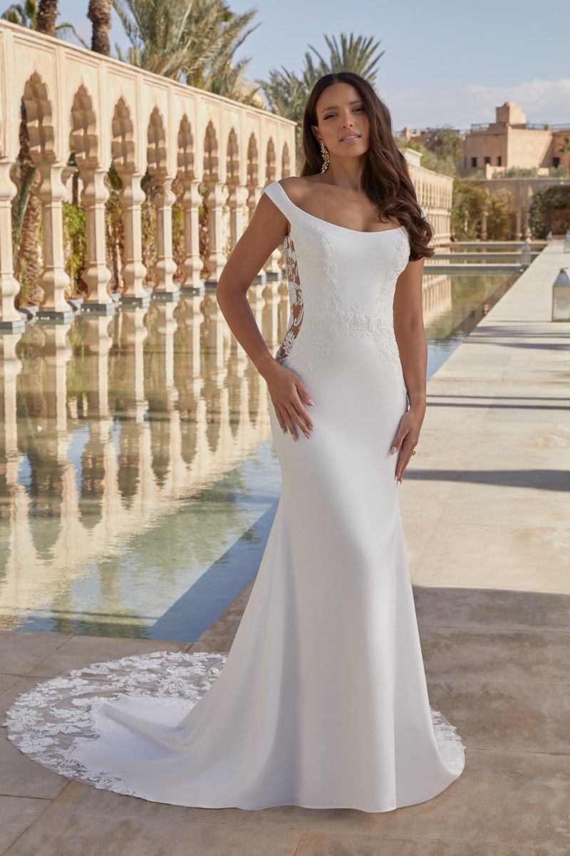 Sincerity Bridal Style 44423 | Crepe fit and flare with scoop neckline and side cutouts. 