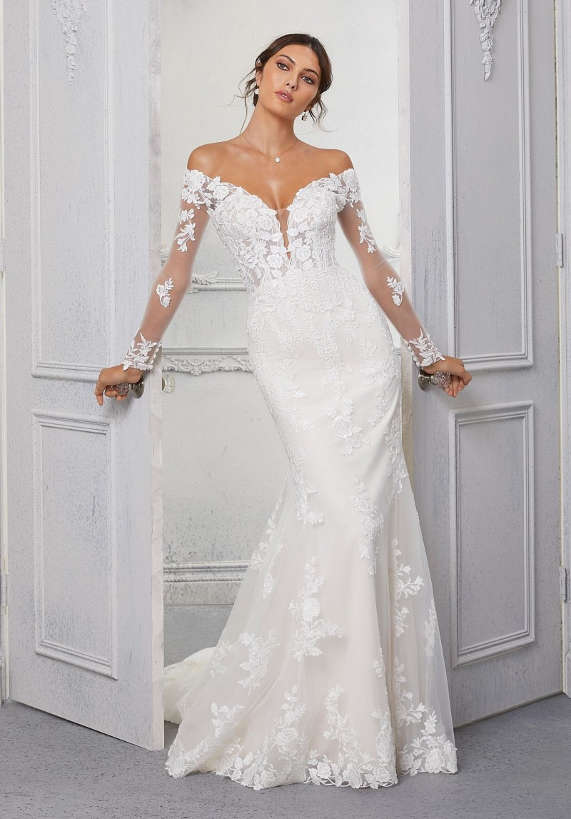 Blu Mori Lee Bridal Cindy Style 5924 | Long Sleeve | Off-the-shoulder Wedding dress