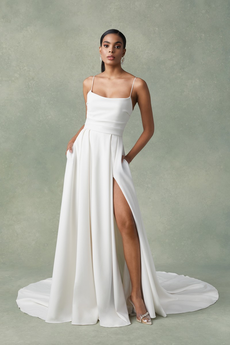 Justin Alexander | Frankie 88294 | Stretch Crepe A-Line Dress | Scoop Neckline and Slit Wedding Gown