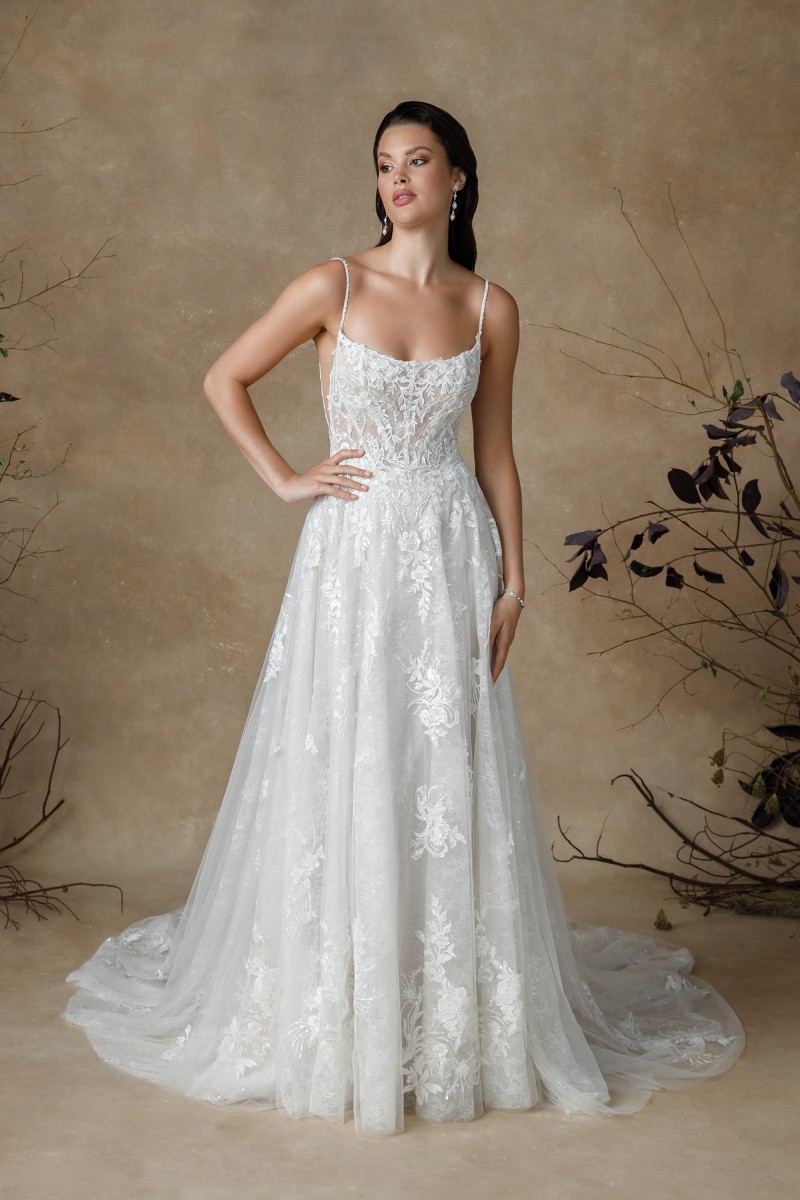 Justin Alexander | Glenda 88327 | Lace A-Line Scoop Neck Wedding Dress |  Allover Sparkle