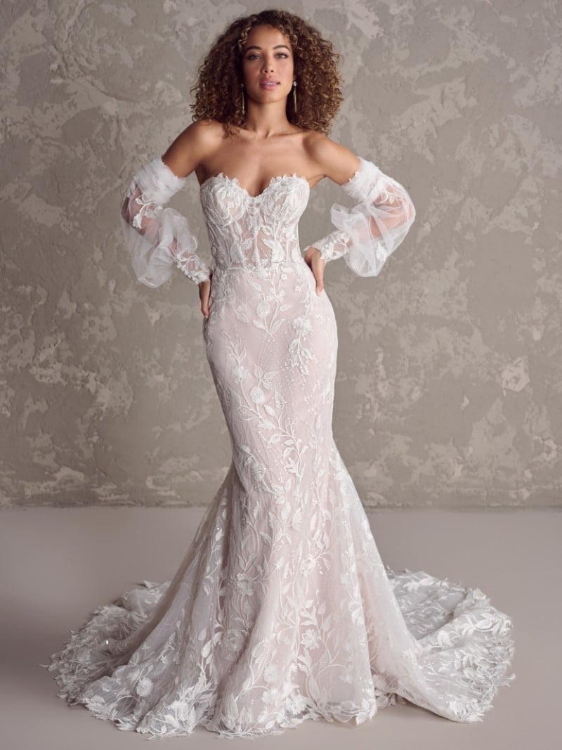 Maggie Sottero Bridal | Fairchild | 24MB211 | Sequin Lace Bridal Gown Lined With Crepe Featuring Floral Details And Romantic Train
