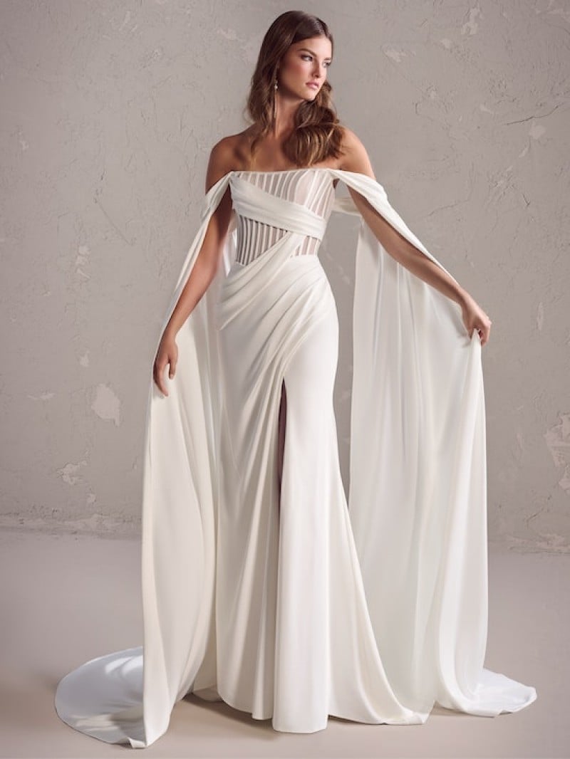 Maggie Sottero Bridal | Gabrielle | 24MB230 | Grecian-Inspired Crepe Wedding Dress With Asymmetrical Pleated Bodice And Basque Waist