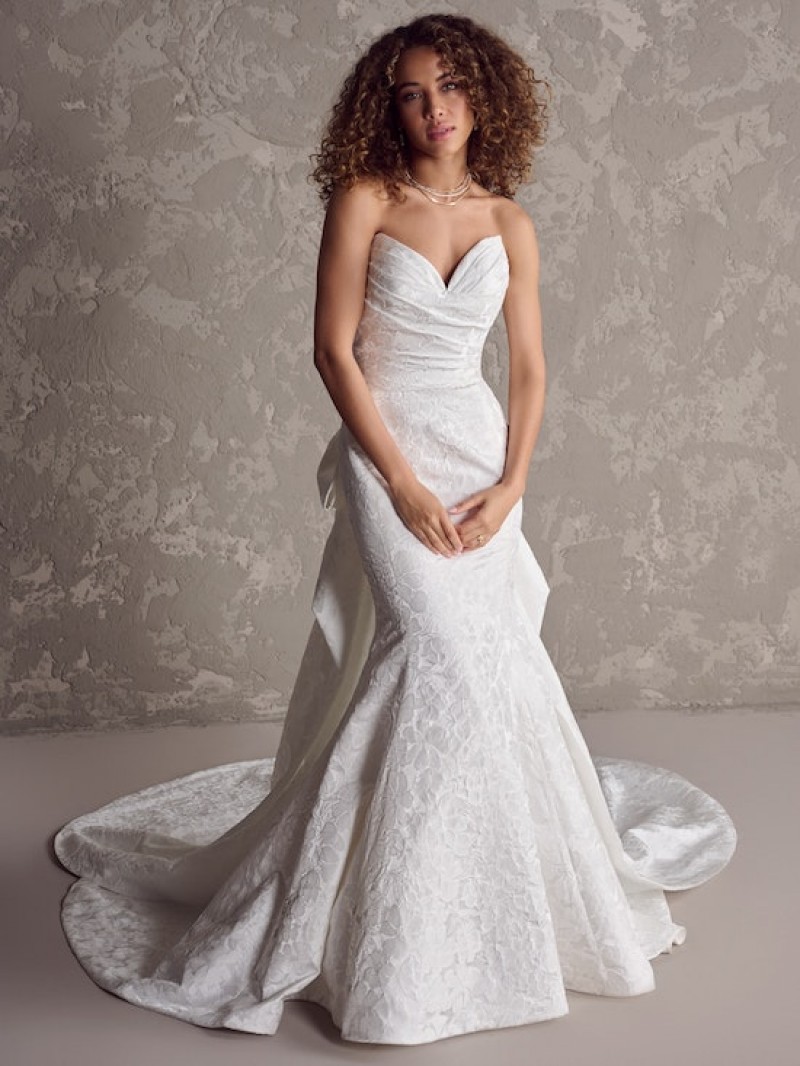 Maggie Sottero Bridal | Hilo | Fit-And-Flare Jacquard Bridal Dress With Floral Fabric And Pleated Bodice