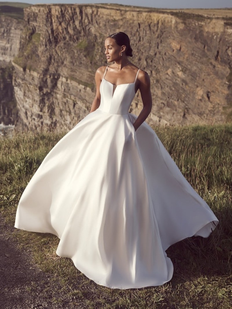 Rebecca Ingram Bridal | Jamie | Sexy satin deep V-neckline bridal gown with buttons